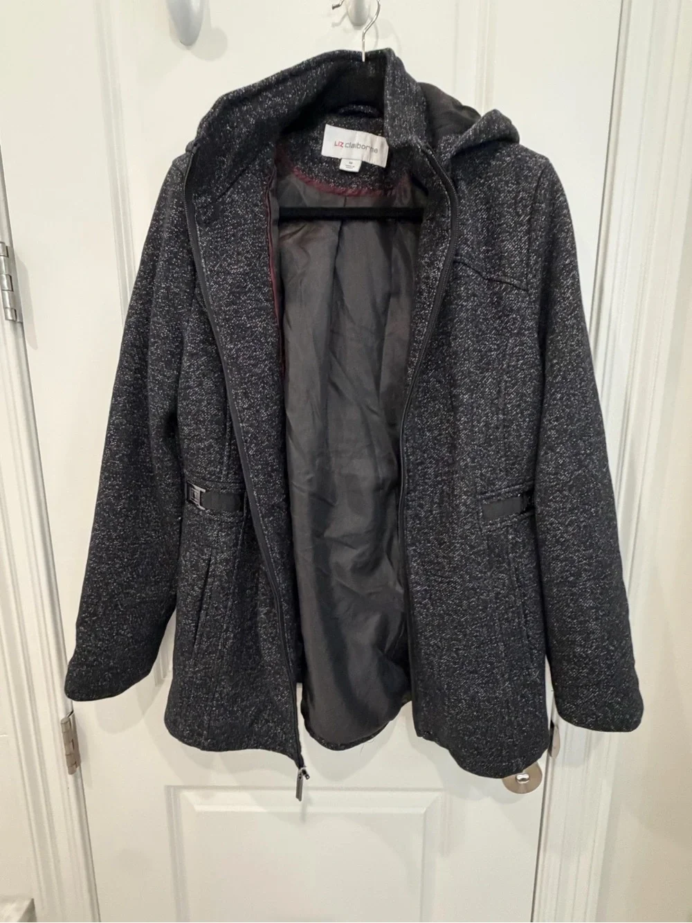 NWT Liz Claiborne Womens Hooded Wool-Blend Coat Charcoal Gray